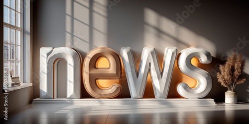 3D rendering of the word “news” in white letters on a gray background, minimalistic style with high resolution, modern design concept for media, information, journalism, digital communication