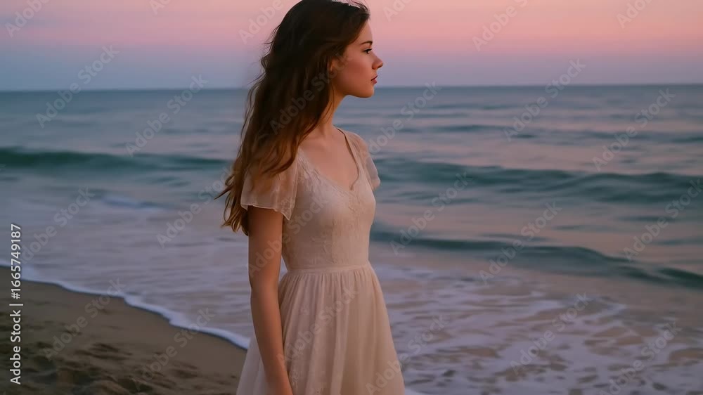 Serene Woman in Elegant Dress Gazing at Pastel Sunset Over Ocean Waves on Tranquil Beach Serene Woman in Elegant Dress Gazing at Pastel Sunset Over Ocean Waves on Tranquil Beach