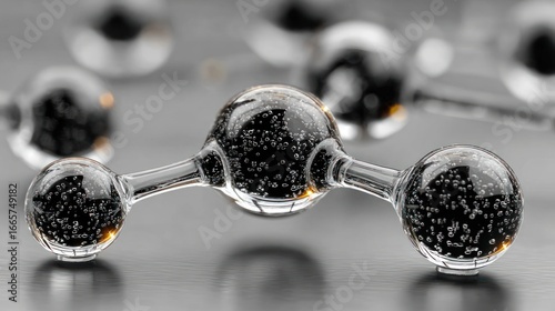 Close-up 3D rendering of an abstract chemical structure model, white and grey color palette on a monochrome background, macro perspective showcasing molecular connections, geometry