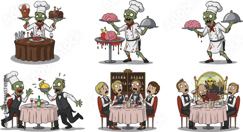 Zombie chef serving brains and creepy food, horror cartoon illustration, terrified diners at restaurant table, Halloween scary waiter scene, spooky undead dinner