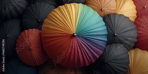 Rainbow umbrella standing out among black umbrellas with dark gray tones, symbolizing individuality, diversity, empowerment, and creativity in design, colorful concept for fashion