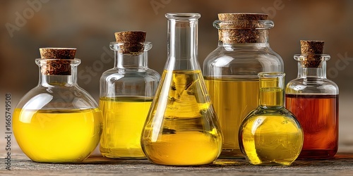 Composition of glass beakers and flasks filled with light yellow liquid on a pastel isolated background, showcasing transparent glass shapes and professional laboratory setup