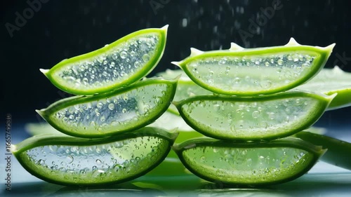 Wallpaper Mural Refreshing aloe vera slices stacked with droplets under soft lighting showcase natural beauty Torontodigital.ca