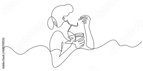 Continuous line illustration of woman taking medicine with water, minimalist one line drawing symbolizing health, wellness, and medical care, perfect for healthcare, pharmacy, and lifestyle