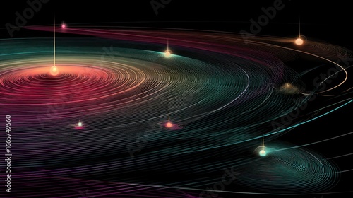 Abstract glowing circles and colorful light particles on a dark background, representing data flow, machine learning process, artificial intelligence, digital network, and technology motion concept