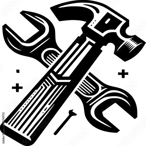 Tools of the Trade: A graphic rendering of a crossed wrench and hammer, symbolizing construction, repair, and the building process. A minimalist black-and-white illustration.