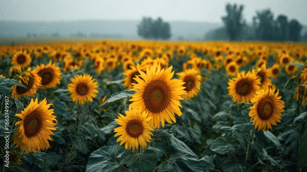 Fototapeta premium Sunflower field on a foggy day