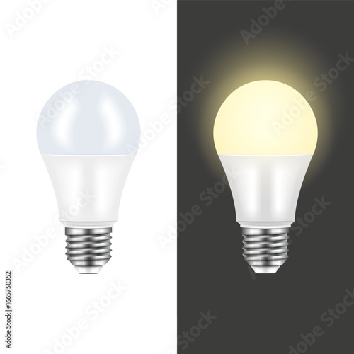 Realistic LED light bulb illustration showing warm glowing and turned off vector 3d model isolated white background, energy saving lamp concept for electricity, innovation, eco friendly lighting.
