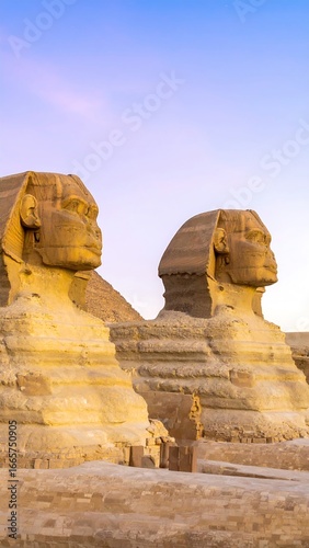 Two colossal stone statues, possibly Sphinx, under a clear twilight sky
