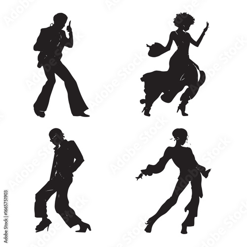 Vector illustration of disco dancing silhouette set, Black & White silhouette set
