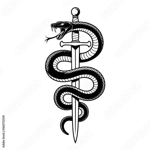 Snake coiled around a sword, isolated on transparent background