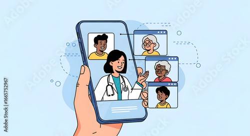 Online medical consultation service through smartphone. Virtual doctor visits, digital healthcare, and remote patient support via telehealth technology