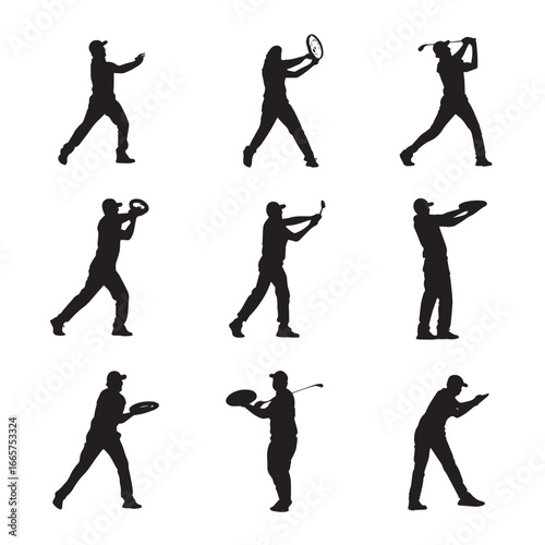 Vector illustration of disc golfer silhouette set, Black & White silhouette set