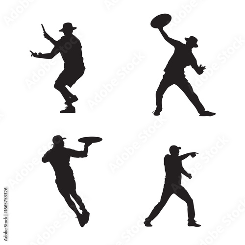 Vector illustration of disc golfer silhouette set, Black & White silhouette set