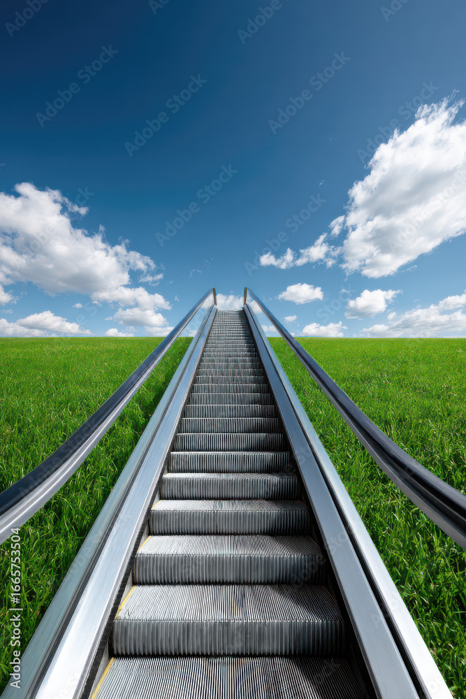 Obraz premium Escalator in green meadow leading from ground to sky, no building, surreal concept symbolizing accelerated growth, career ascent, or path to success