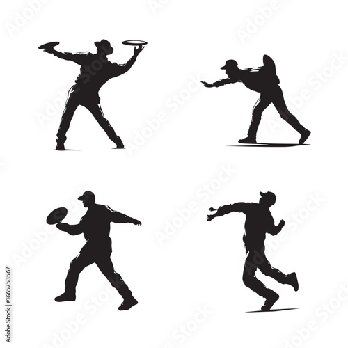 Vector illustration of disc golfer silhouette set, Black & White silhouette set