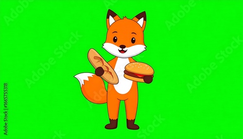 Cute Fox Holding Food with Green Screen.