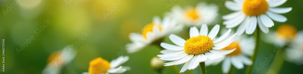 Fototapeta premium Close-up of delicate daisy chamomile blossoms, vibrant yellow centers , wildflower, nature