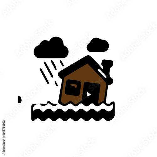 Simple doodle icon of a house submerged in rising floodwaters during a heavy rainstorm, symbolizing a natural disaster