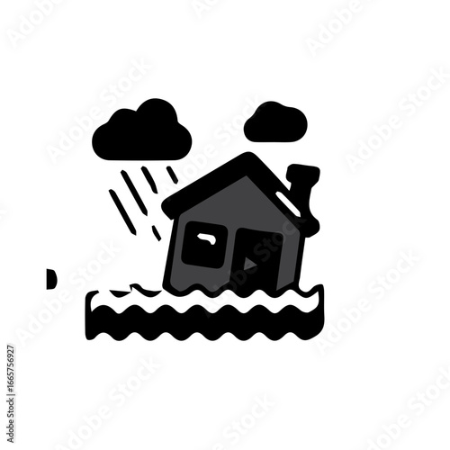Simple black and white icon of a house submerged in floodwaters during a heavy rainstorm, symbolizing a natural disaster and property damage