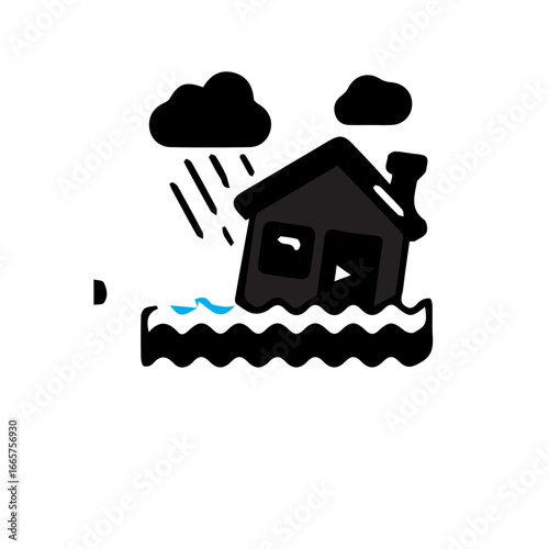 Simple vector icon of a house submerged in floodwater during a heavy rainstorm, symbolizing a natural disaster, property damage, and climate emergency