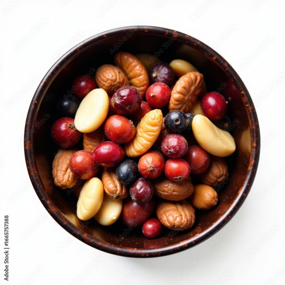 Obraz premium Dark stained bowl, brimming with mixed nuts & dried fruits, food, tasty, nutritious