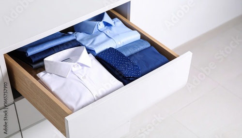 Neatly Organized Drawer with Shirts and Ties in Soft Colors