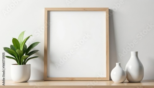 Blank wooden picture frame against a modern wall , simple, house