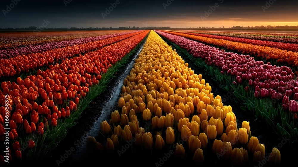 Fototapeta premium Colorful Tulip Fields with Vibrant Blooms at Sunset in Holland