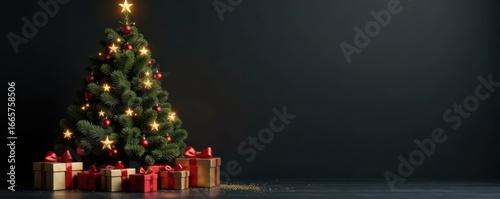 Christmas tree & gift boxes; black, gold, silver accents; poster template design, classic, season's greetings, modern