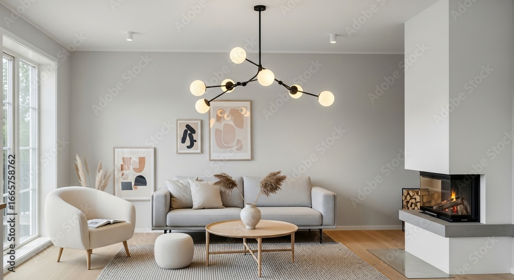 Fototapeta premium Cozy modern living room with fireplace and stylish furniture