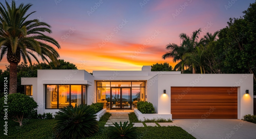 Fototapeta premium Stunning modern home at sunset with tropical ambiance