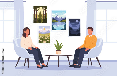 Engaging in climate psychology Two individuals discussing environmental concerns and mental health in a modern, interior setting adorned with nature-themed artwork