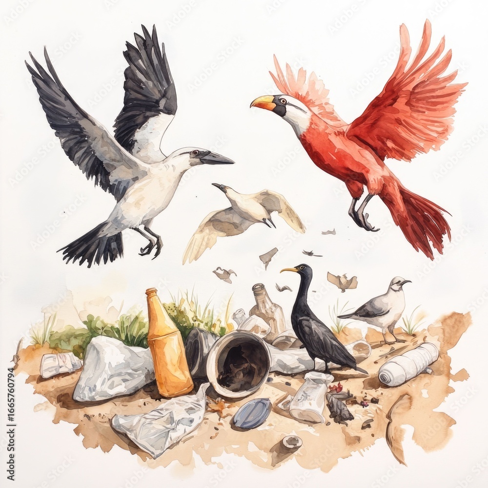 Obraz premium Vibrant Watercolor Painting of Birds Contrasting Against a Wildlife Refuge Choked by Discarded Plastic and Waste Materials Highlighting the Environmental Crisis and Need for Conservation