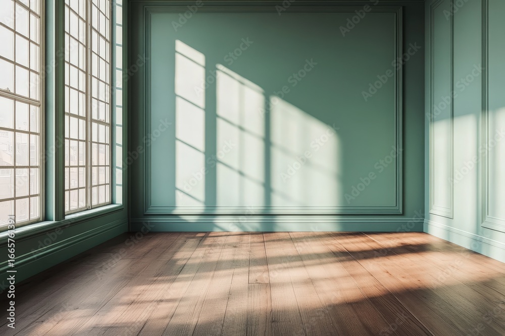 Fototapeta premium A sunlit corner room with pale green walls and wooden floors, showcasing the elegant play of shadows cast by large windows.