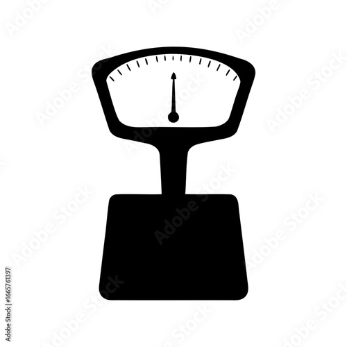 Black silhouette of a balanced analog weight scale with an arrow indicator