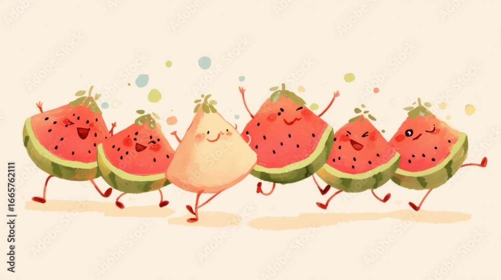 Naklejka premium Kawaii watermelon group dancing, pastel marker illustration