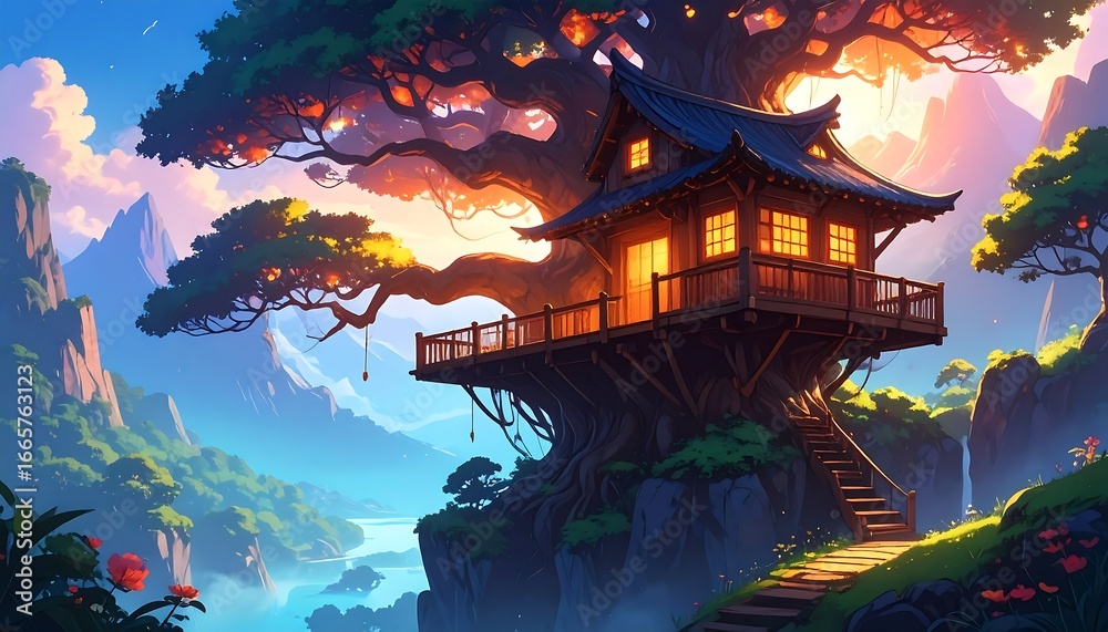 Obraz premium Asian Treetop House with Sunrise.