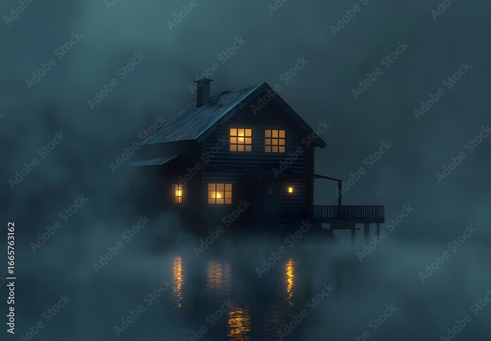 Fototapeta premium Mysterious Cabin on the Lake at Night