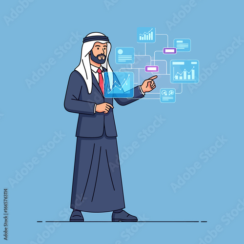 Arab Businessman Interacting with Futuristic Digital Data Interface.