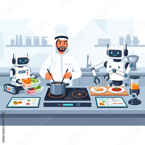 Arab Chef Cooking with Robots in Modern Kitchen Preparing Food Vector Illustration.