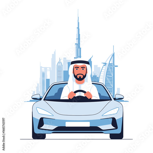 Arab man in a white thobe and ghutra headscarf confidently driving a modern light blue sports car.