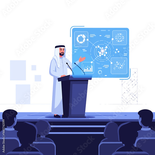 Arab Man in Traditional Dress Presenting at Conference with Digital Display.