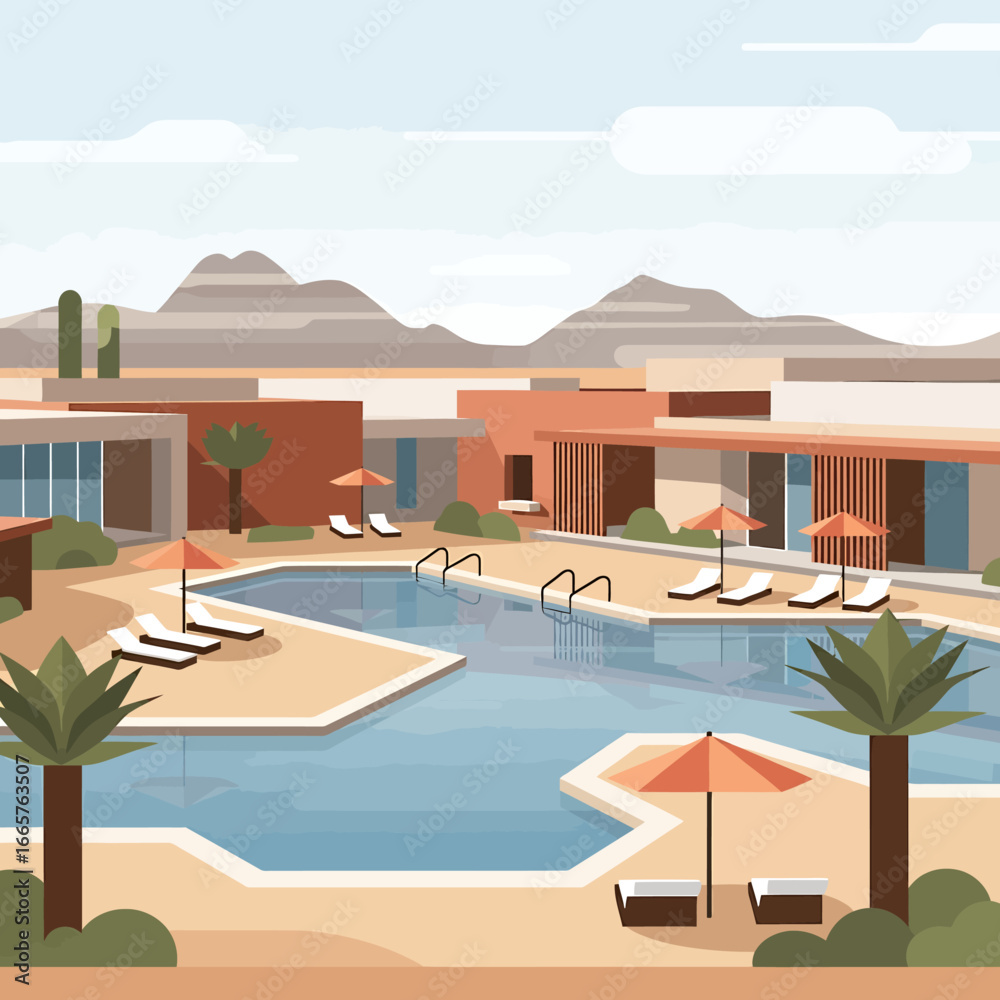 Fototapeta premium Desert Resort Poolside Modern Architecture Loungers Umbrellas and Palm Trees.