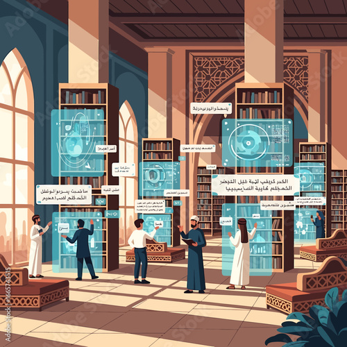 Digital Library Scene with Diverse People and Holographic Displays.