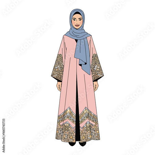 Elegant illustrated woman in pink abaya with intricate gold embroidery and a light blue hijab.