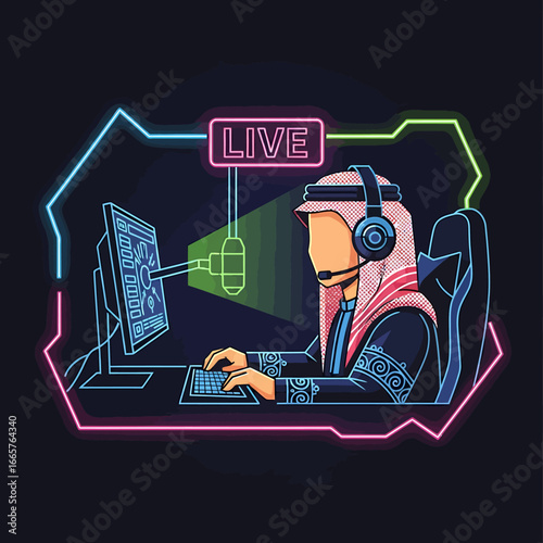 Neon outline Arab gamer streaming live wearing headphones traditional attire at computer desk.