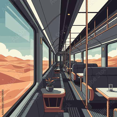 Train Interior with Desert View Seats Tables and Windows.