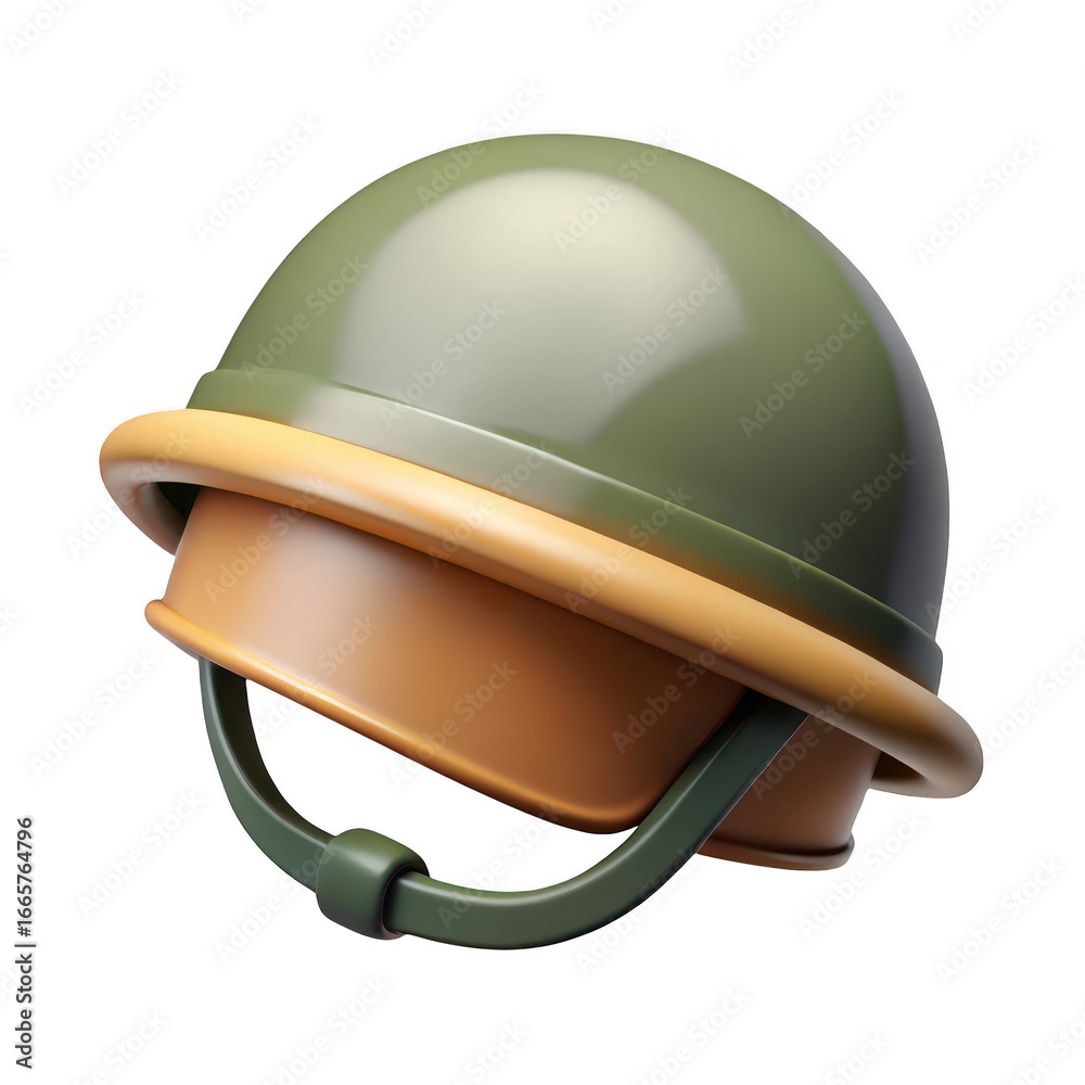 Fototapeta premium Realistic 3d render of a classic olive green soldier helmet with tan liner and strap transparent background