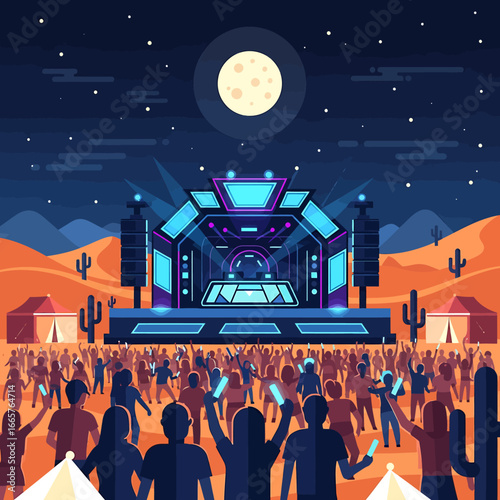 Vibrant Outdoor Music Festival Stage with Crowd under Moonlight.